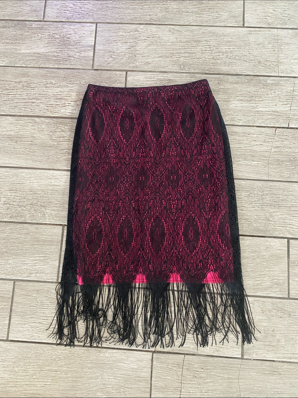 Black Lace Fringe Pencil Skirt with Pink Lining